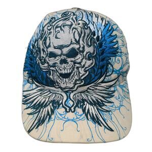 Pugs Gear 5 Panel White Blue One Size Skull Winged Tribal Embroidered Hat